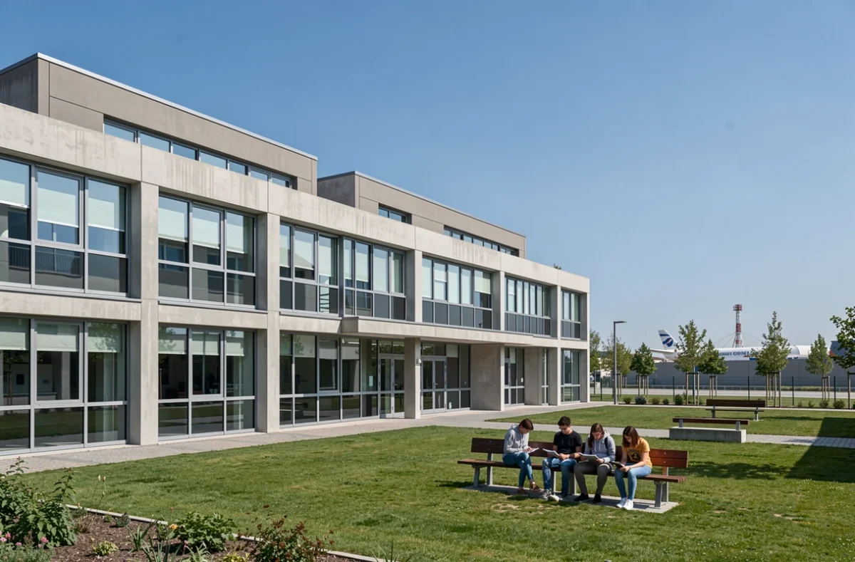 Campus moderne du lycée Le Ferradou à Blagnac avec des élèves dans la cour