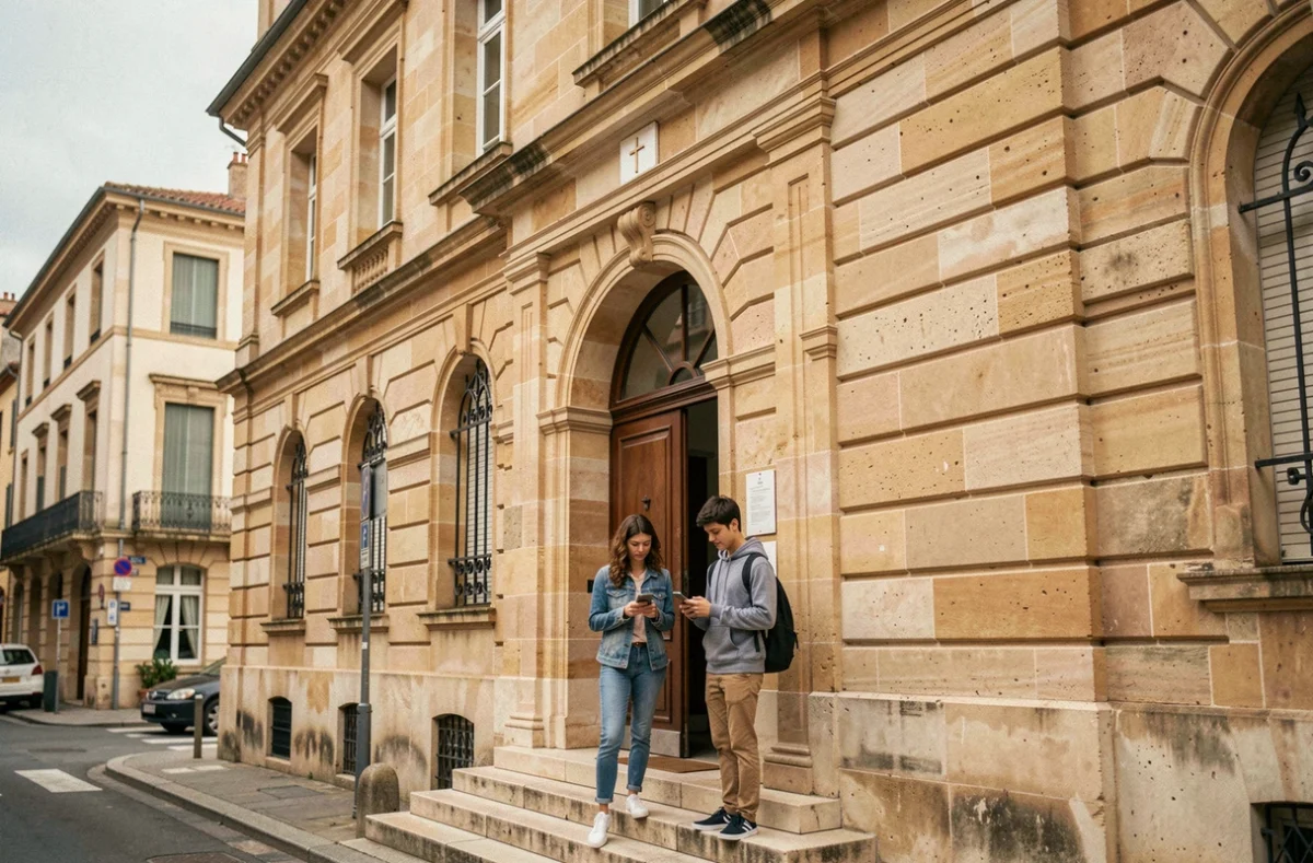 Façade du lycée Notre-Dame de la Merci à Montpellier avec des élèves à l'entrée