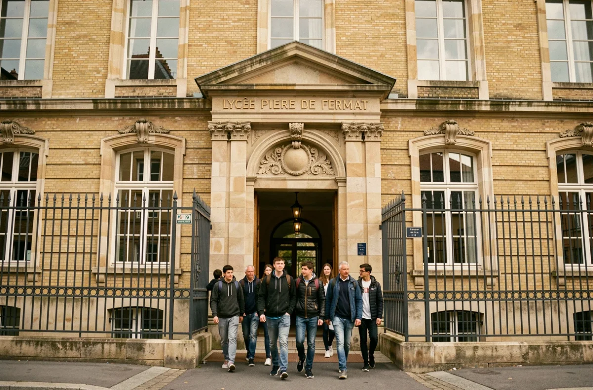 Entrée du lycée Pierre de Fermat à Toulouse avec sa façade classique en brique rose