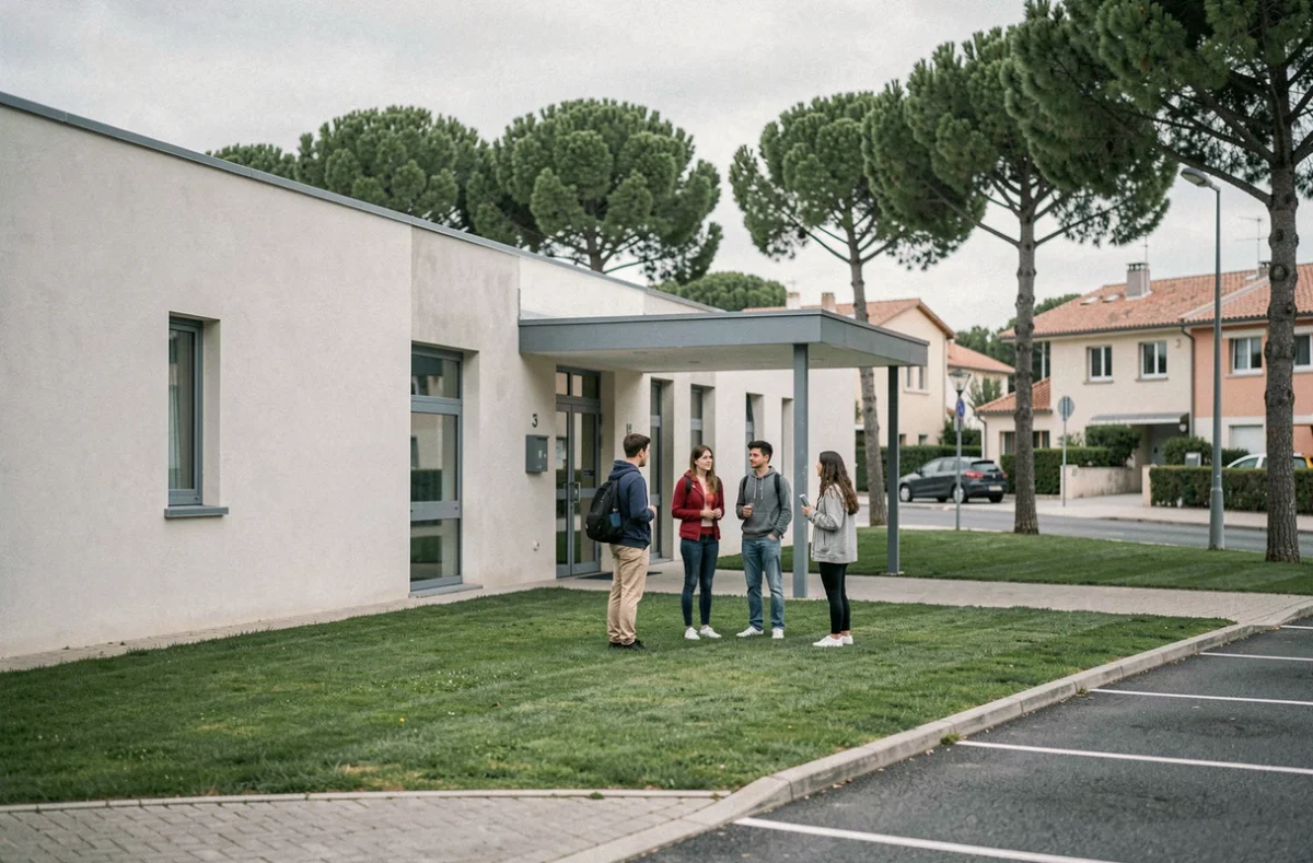 Campus du lycée Saliège à Balma avec pelouse et élèves devant l'entrée moderne