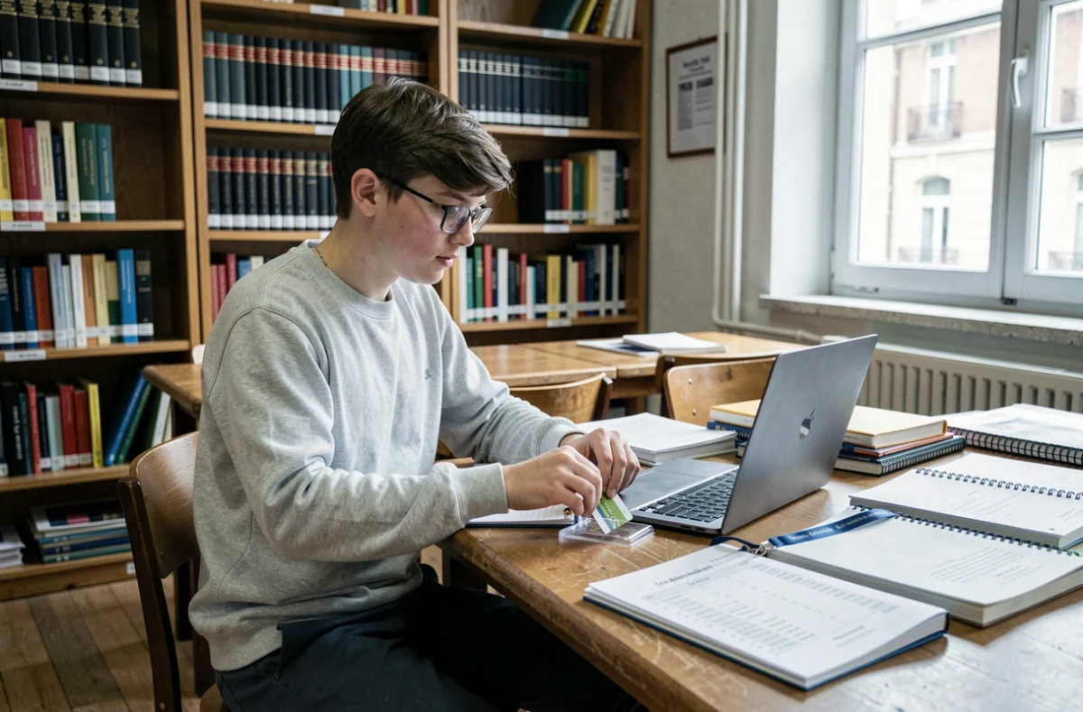 Lycéen rangeant sa carte étudiant dans un porte-carte à la bibliothèque du lycée entouré de cahiers et d'un ordinateur portable