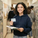 Lycéenne souriante tenant sa carte étudiant devant des casiers de lycée, illustrant le parcours scolaire de la seconde au bac