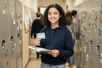 Lycéenne souriante tenant sa carte étudiant devant des casiers de lycée, illustrant le parcours scolaire de la seconde au bac