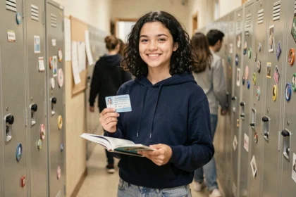 Lycéenne souriante tenant sa carte étudiant devant des casiers de lycée, illustrant le parcours scolaire de la seconde au bac