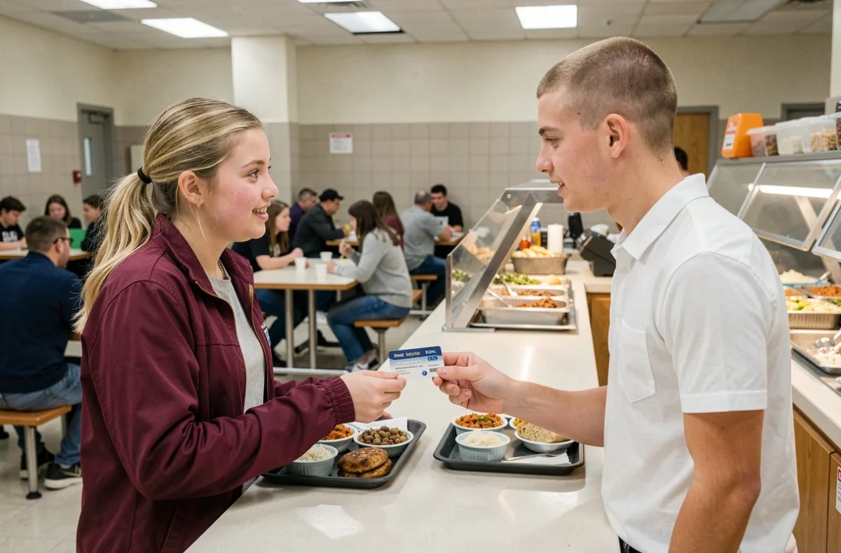 Deux lycéens présentant leur carte étudiant à la caisse de la cantine du lycée, illustrant les avantages de la carte tout au long de l'année scolaire