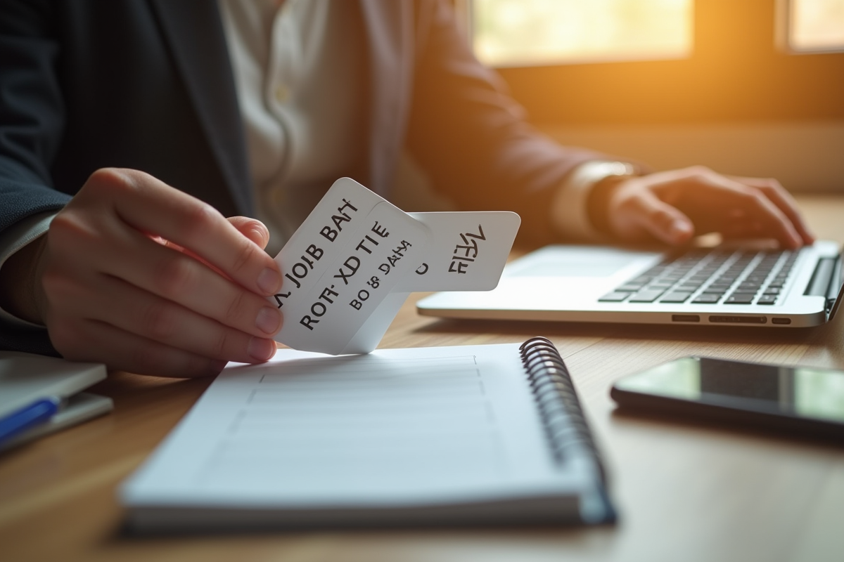 Mains organisant des cartes de postes sur un bureau en bois