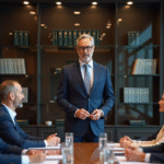 Manager confiant en costume dans une salle de réunion moderne