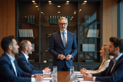 Manager confiant en costume dans une salle de réunion moderne