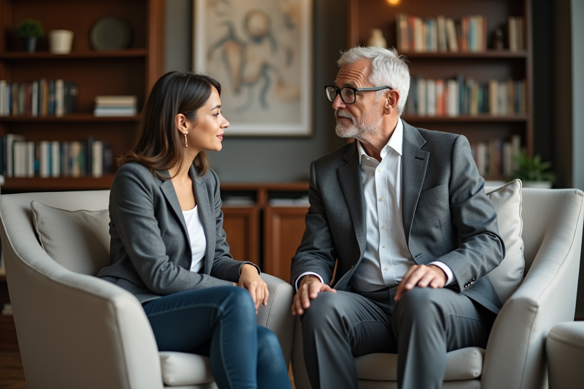 Manager partageant un conseil avec une jeune femme en lounge