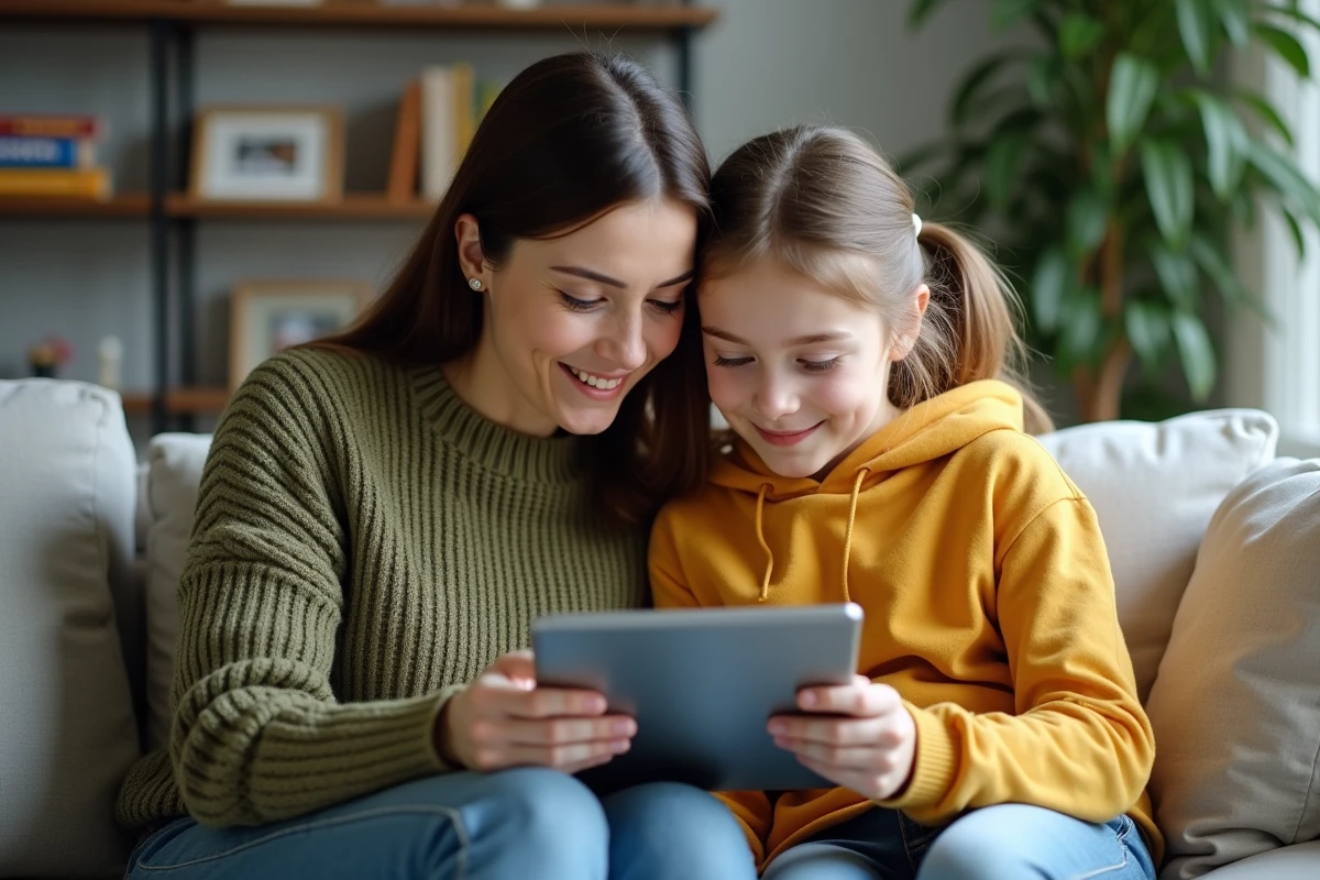 Mère aidant sa fille à configurer l'accès à l'ENT sur une tablette dans le salon familial