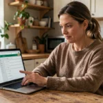 Mère consulte le portail scolaire en ligne sur son ordinateur portable depuis la cuisine familiale