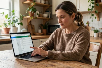 Mère consulte le portail scolaire en ligne sur son ordinateur portable depuis la cuisine familiale