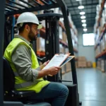 Cariste en formation CACES 1 et 3 assis dans un chariot élévateur dans un entrepôt industriel, consultant un document de certification