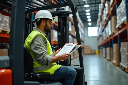 Cariste en formation CACES 1 et 3 assis dans un chariot élévateur dans un entrepôt industriel, consultant un document de certification