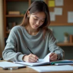 Étudiante organisant ses cours et projets dans des dossiers colorés sur un bureau en bois dans un appartement universitaire