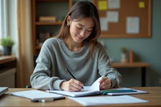 Étudiante organisant ses cours et projets dans des dossiers colorés sur un bureau en bois dans un appartement universitaire