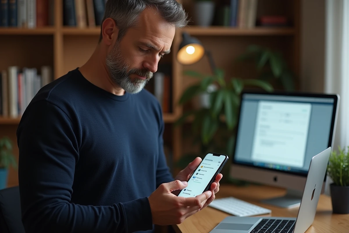 Homme paramétrant une application de messagerie sur smartphone dans un bureau à domicile