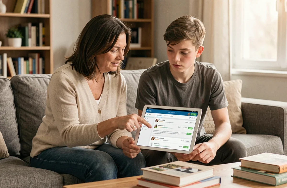 Mère et adolescent consultent ensemble le suivi scolaire en ligne sur une tablette dans le salon