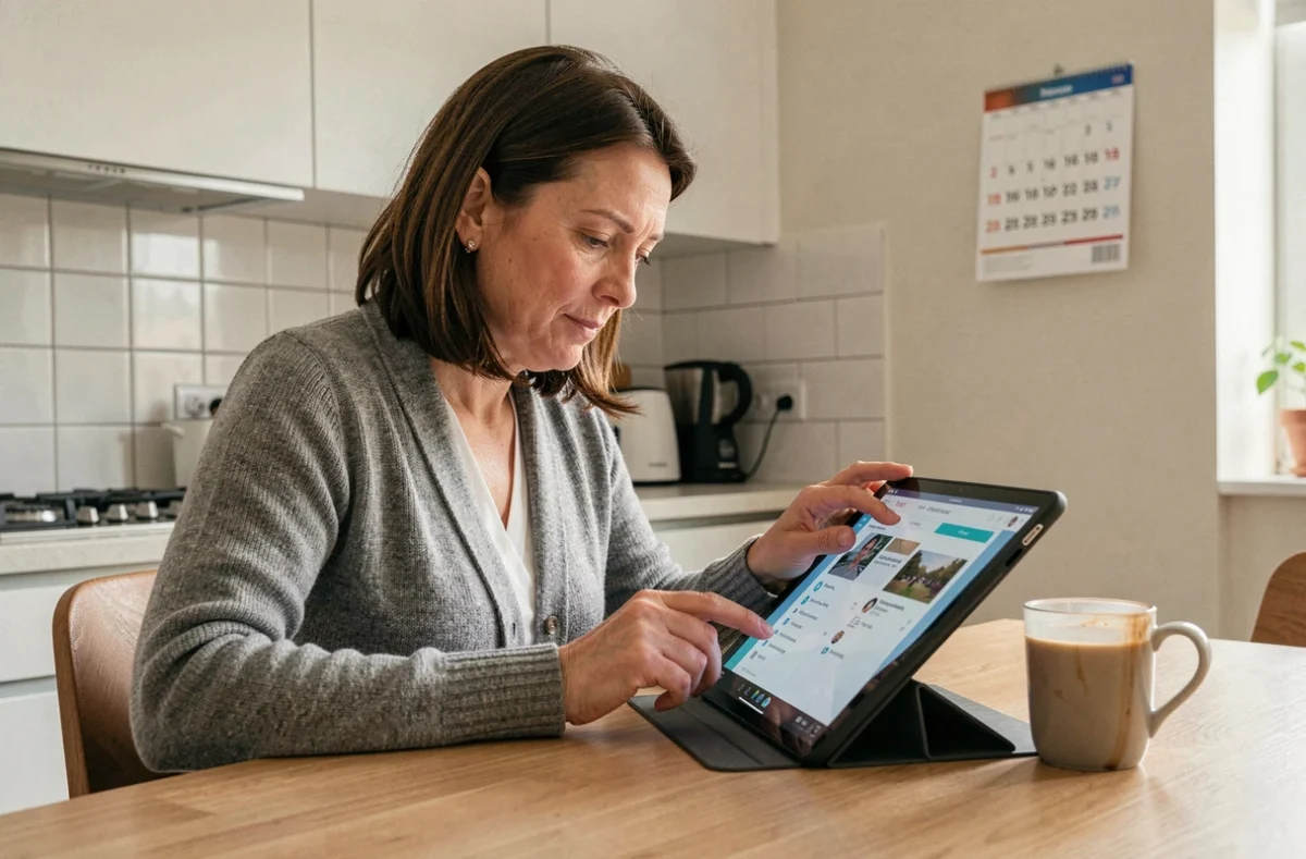 Parent d'élève consultant les informations scolaires sur l'ENT77 depuis une tablette à la maison