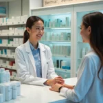 Jeune pharmacienne conseillant un client en pharmacie