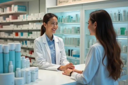 Jeune pharmacienne conseillant un client en pharmacie