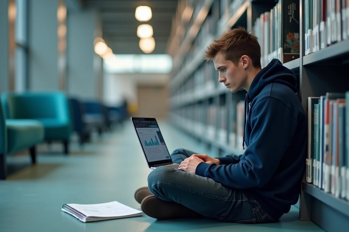 Étudiant utilisant un ordinateur portable pour organiser ses projets universitaires dans une bibliothèque moderne
