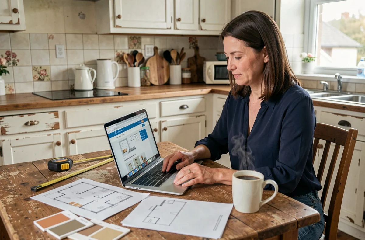 Femme planifiant une rénovation complète de maison sur ordinateur portable avec plans et nuanciers de peinture sur la table