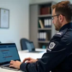 Policier en uniforme ENSP suivant une formation en ligne sur un ordinateur portable dans une salle de formation professionnelle