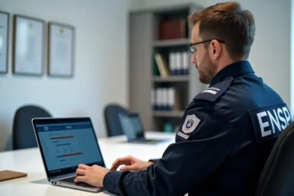 Policier en uniforme ENSP suivant une formation en ligne sur un ordinateur portable dans une salle de formation professionnelle