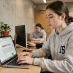 Étudiante se connectant pour la première fois à l'espace numérique My Digital Campus ESME sur un ordinateur portable dans un espace étudiant moderne