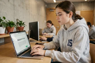 Étudiante se connectant pour la première fois à l'espace numérique My Digital Campus ESME sur un ordinateur portable dans un espace étudiant moderne