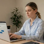 Femme professionnelle connectée à un extranet sécurisé depuis son bureau, illustrant la première connexion à PSB Extranet