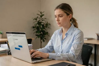 Femme professionnelle connectée à un extranet sécurisé depuis son bureau, illustrant la première connexion à PSB Extranet