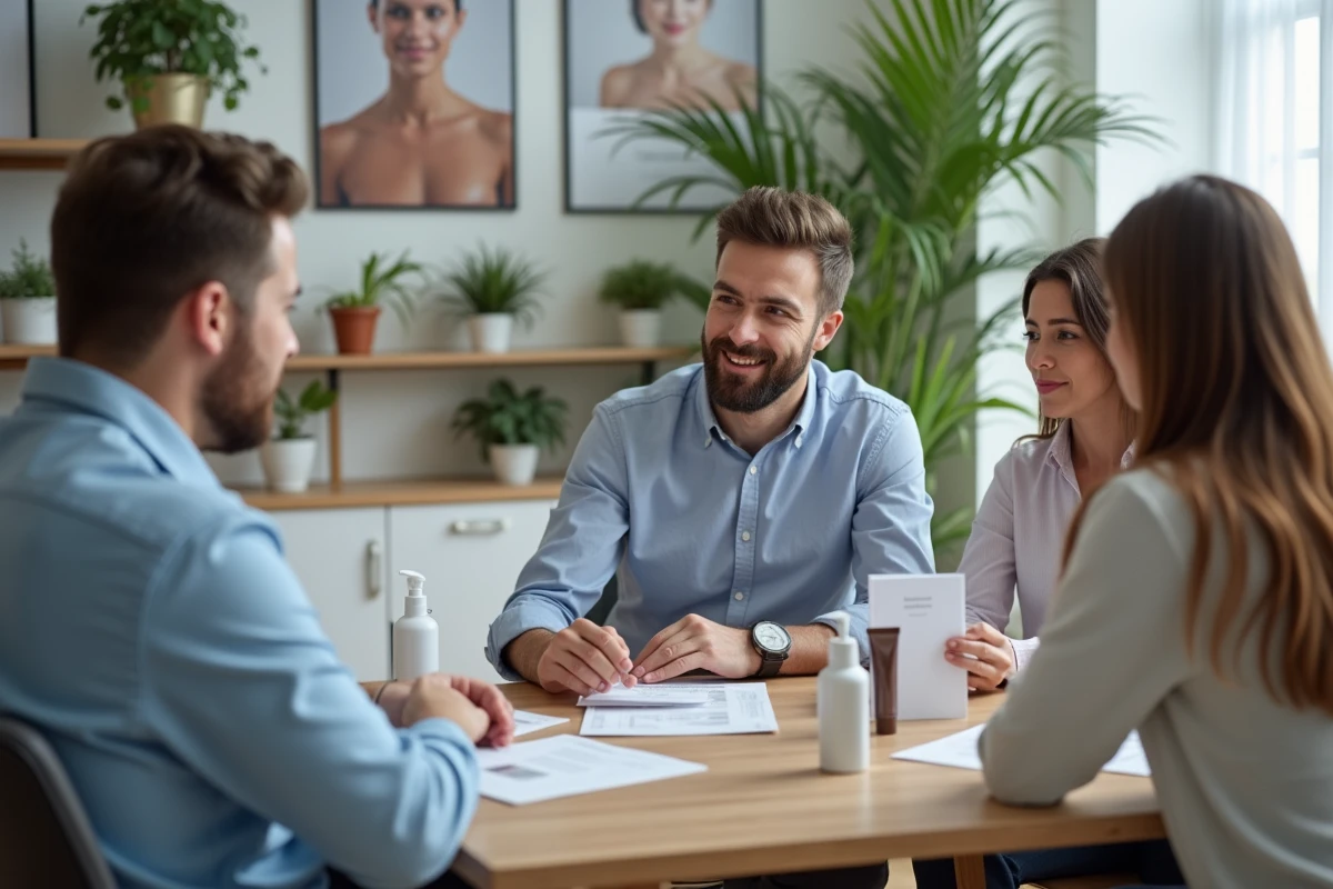 Pharmacien présentant des produits dermocosmetiques à un groupe