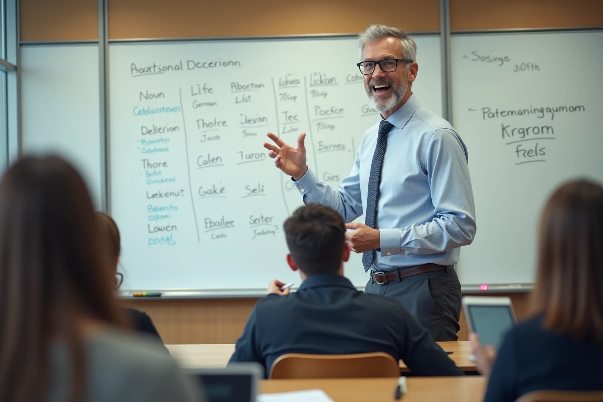 Professeur expliquant la declinaison allemande devant un tableau blanc