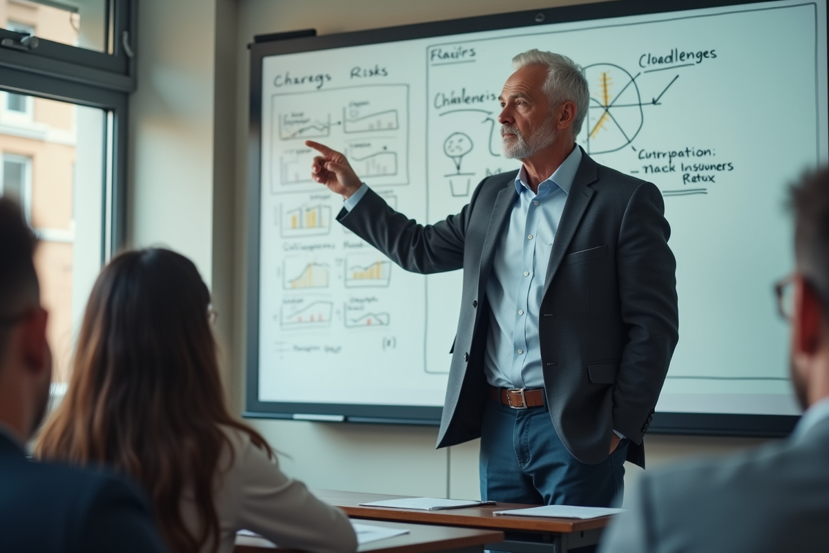 Professeur en business expliquant des graphiques en classe