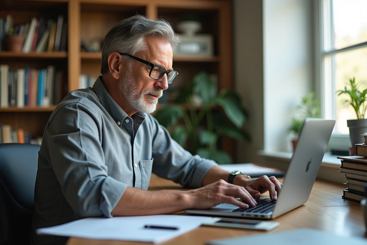 Professeur vérifie ses droits à l'avancement sur IProf depuis son domicile avec un ordinateur portable