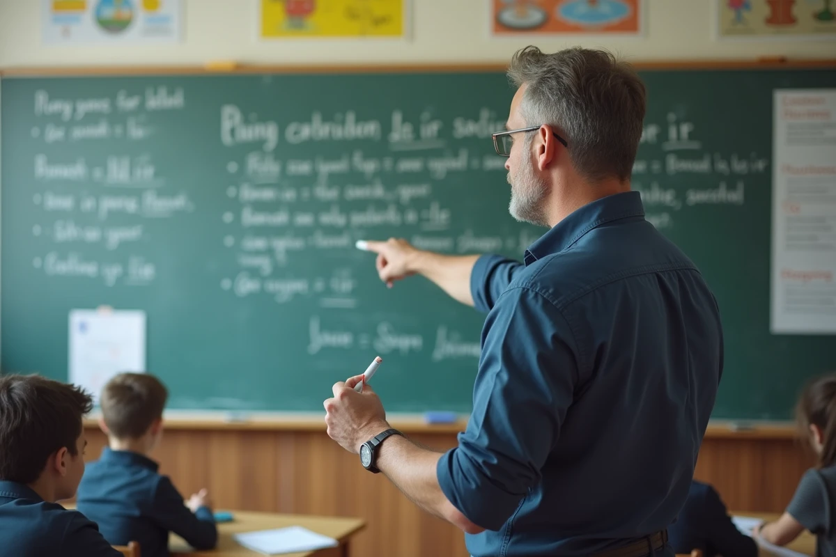 Professeur de français devant un tableau blanc avec des conjugaisons de verbes en IR écrits à la main dans une salle de classe