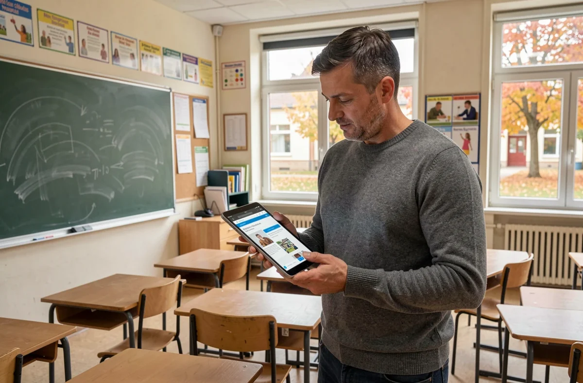 Professeur masculin consultant des ressources pédagogiques sur une tablette dans une salle de classe de collège