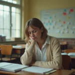 Professeure épuisée seule dans sa salle de classe après les cours, entourée de piles de copies non corrigées, illustrant la surcharge de travail des enseignants