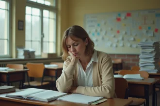 Professeure épuisée seule dans sa salle de classe après les cours, entourée de piles de copies non corrigées, illustrant la surcharge de travail des enseignants