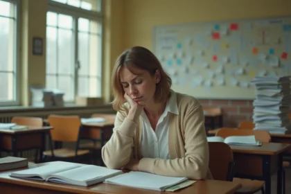 Professeure épuisée seule dans sa salle de classe après les cours, entourée de piles de copies non corrigées, illustrant la surcharge de travail des enseignants