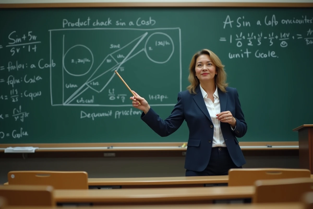 Professeure de mathématiques expliquant la formule trigonométrique sin a cos b devant un tableau noir dans un amphithéâtre universitaire
