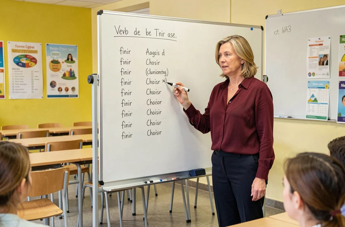 Professeure de français expliquant la conjugaison des verbes du deuxième groupe au tableau blanc pour préparer une dictée