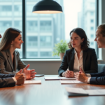 Quatre professionnels en réunion dans un bureau lumineux