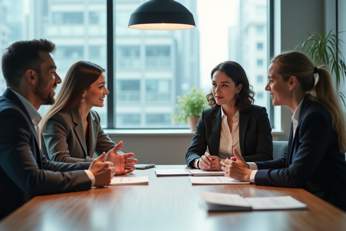 Quatre professionnels en réunion dans un bureau lumineux