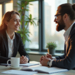 Deux professionnels en discussion dans un bureau moderne
