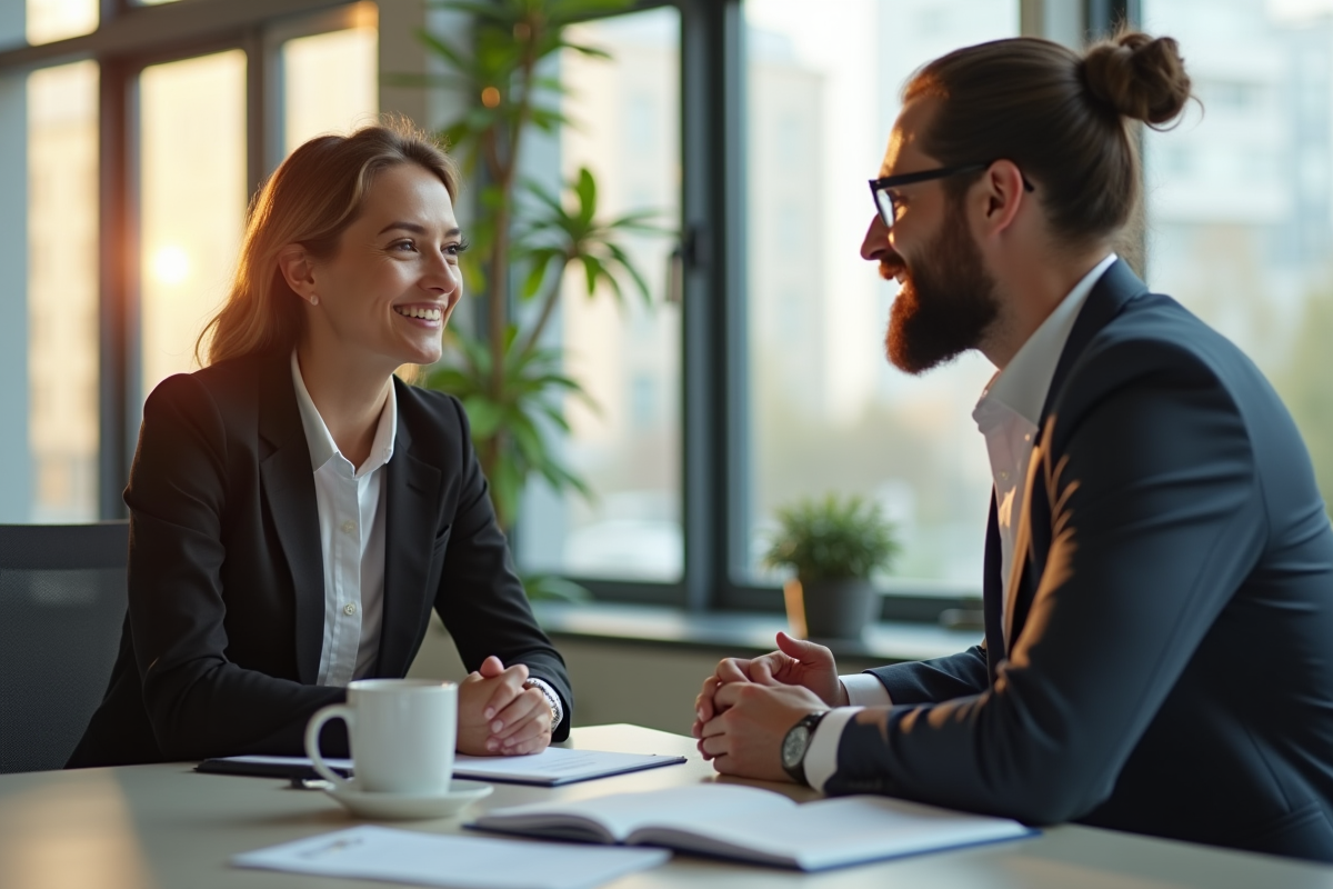 Deux professionnels en discussion dans un bureau moderne