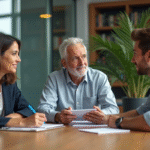 Trois professionnels en discussion dans un bureau moderne