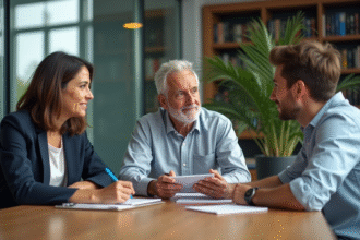 Trois professionnels en discussion dans un bureau moderne
